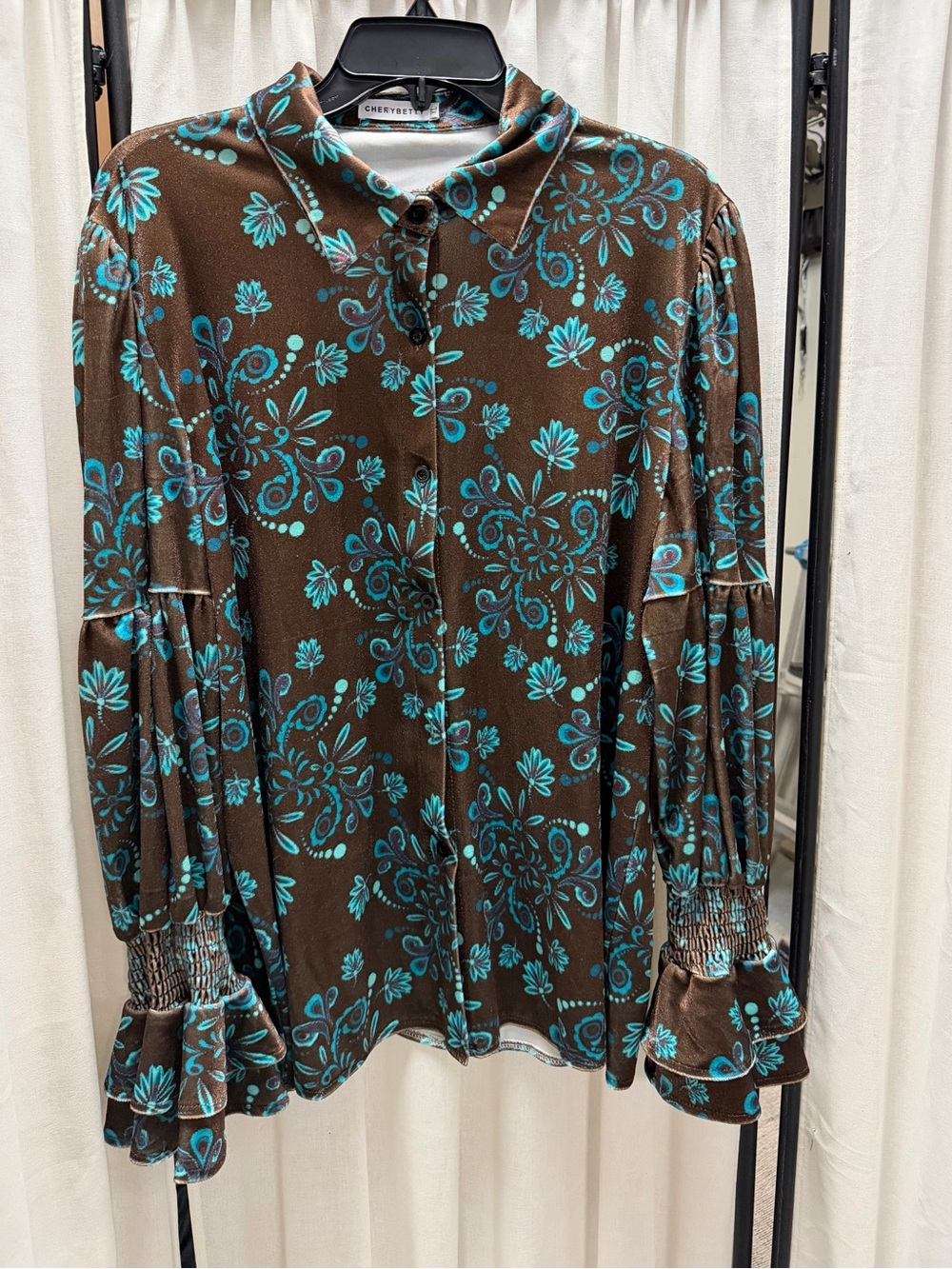 Retro Floral Print Lantern Sleeve Velvet Top
